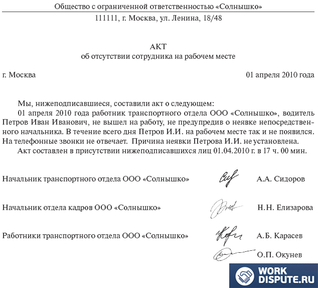 документ акт об отсутствии сотрудника на рабочем месте