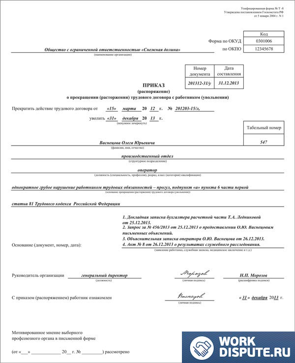 Приказ об увольнении за прогул