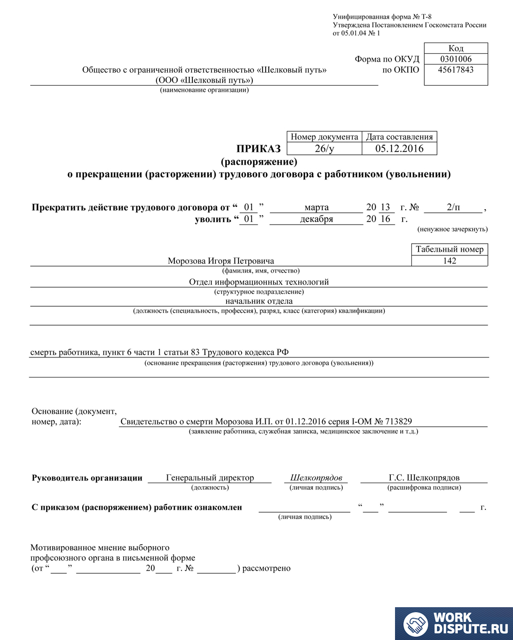 Приказ о прекращении трудового договора с работником