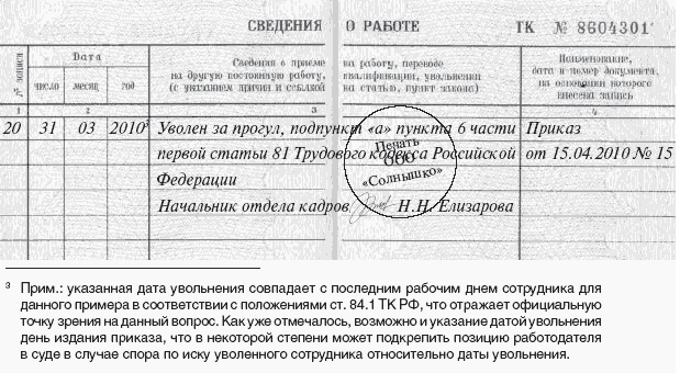Образец заполнения трудовой книжки при увольнении за прогул